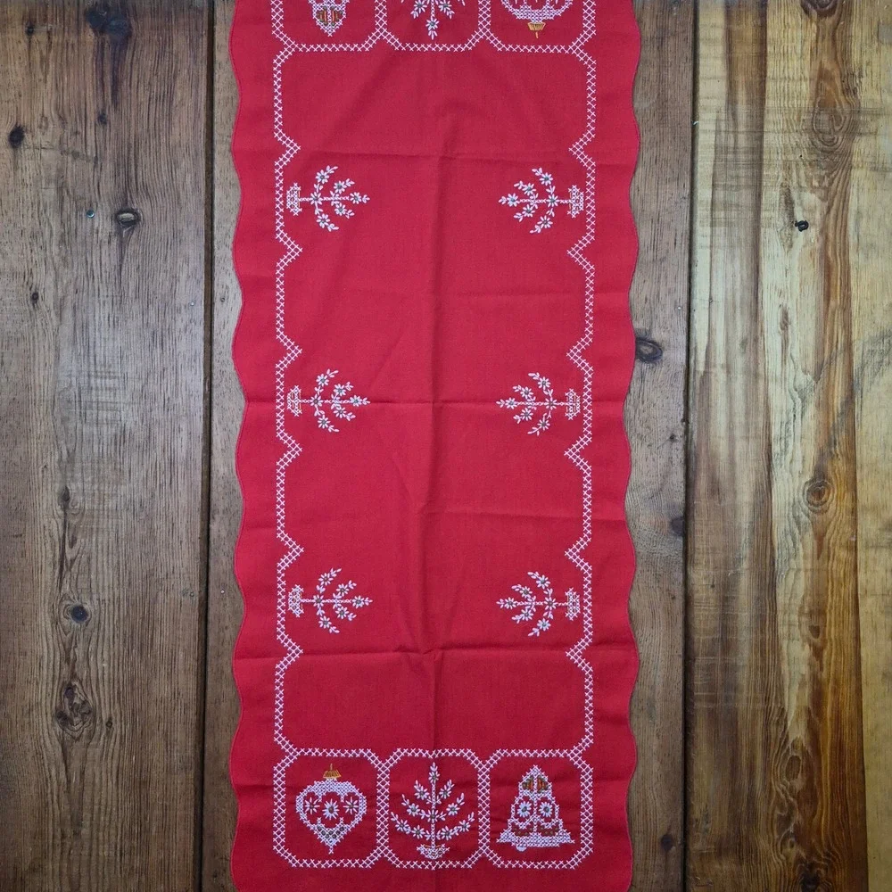 Vintage Christmas Red Cross Stitch Apron and Table Runner Set